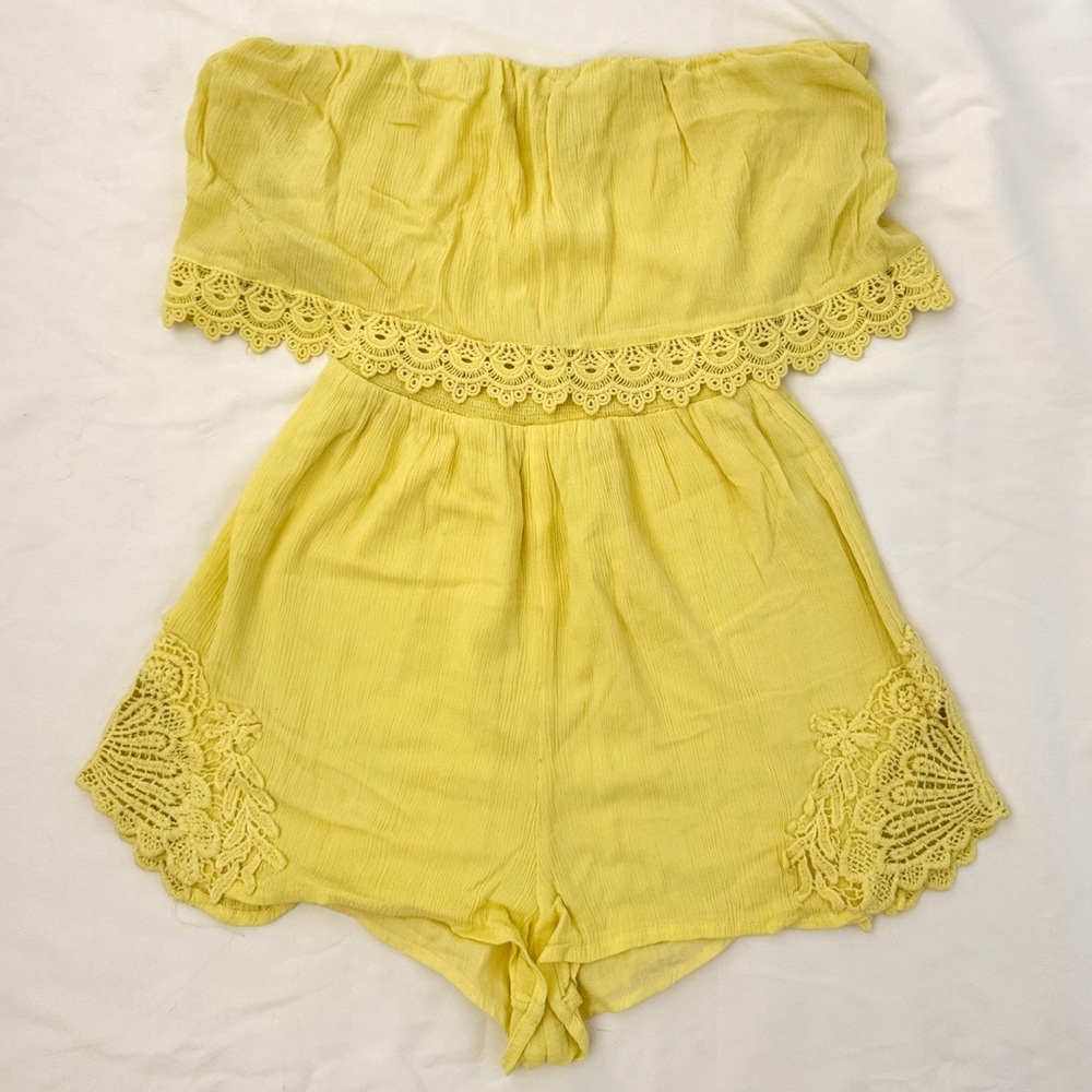 Yellow Strapless Romper with Lace Trim